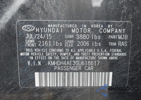 2016 Hyundai Elantra Se/Sport/Limited из США, поврежденный, VIN KMHDH4AE3GU618617